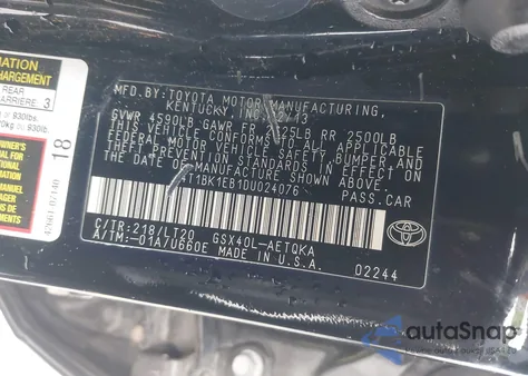 2013 Toyota Avalon Xle Touring z USA, uszkodzony, nr VIN 4T1BK1EB1DU024076